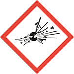 Kuvassa varoitusmerkki GHS01, joka ilmaisee räjähtäviä aineita. 