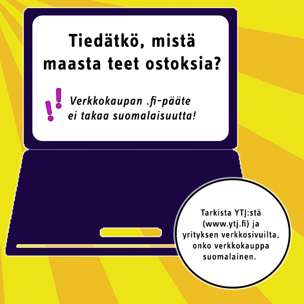 Tarkista YTJ:stä ja yrityksen verkkosivuilta, onko verkkokauppa suomalainen.