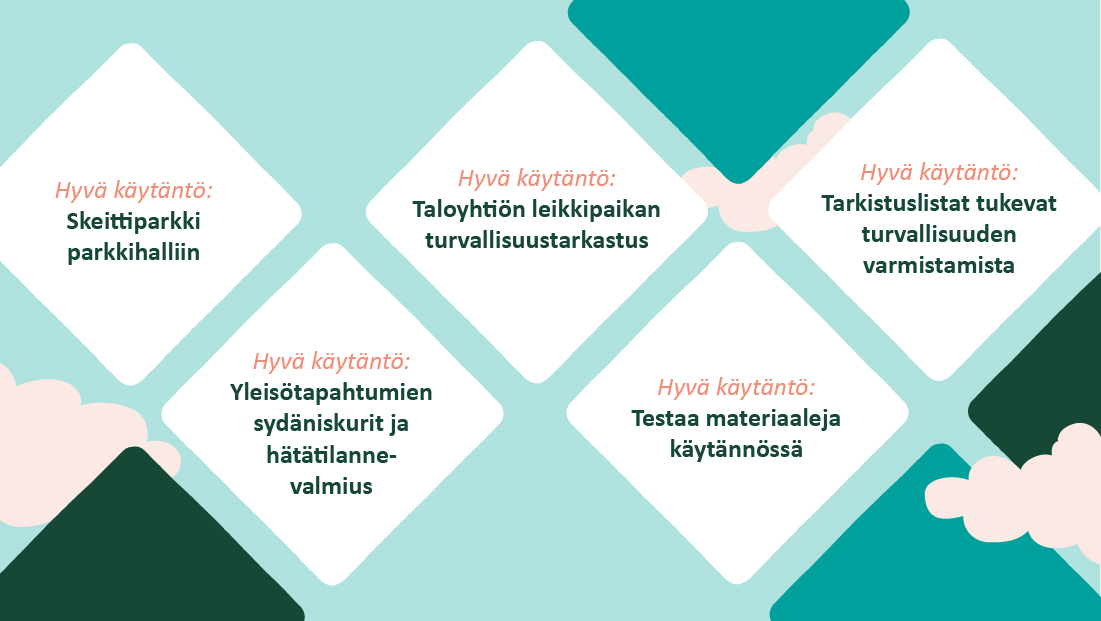 Esimerkkejä Hyvä käytäntö -uutisista: Skeittiparkki parkkihalliin, taloyhtiön leikkipaikan turvallisuustarkastus, tarkistuslistat tukevat turvallisuuden varmistamista, yleisötapahtumien sydäniskurit ja hätätilannevalmius sekä testaa materiaaleja käytännössä.