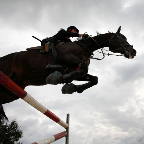 Hevonen hyppäämässä esteen yli.