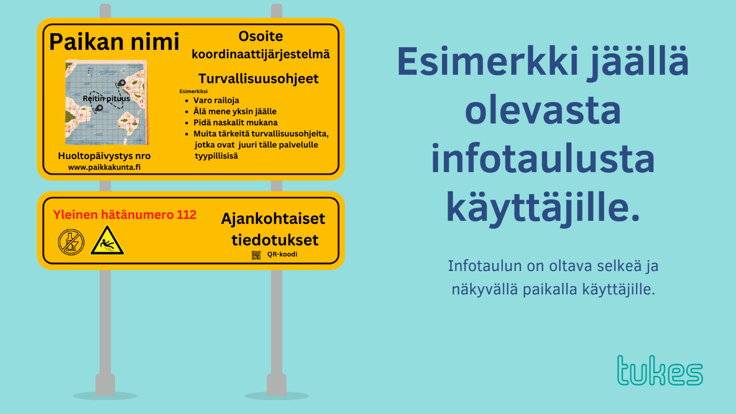 Esimerkki jäällä olevasta infotaulusta, selkeä ja näkyvällä paikalla: paikan nimi, osoite, huollon yhteystiedot, turvallisuusohjeet, hätänumero ja ajankohtaistiedotukset.