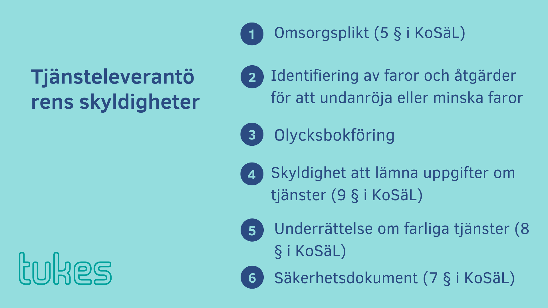 Tjänsteleverantörens skyldigheter Omsorgsplikt (5 § i KoSäL) Identifiering av faror och åtgärder för att undanröja eller minska faror olycksbokföring Skyldighet att lämna uppgifter om tjänster (9 § i KoSäL) Underrättelse om farliga tjänster (8 § i KoSäL) Säkerhetsdokument (7 § i KoSäL).