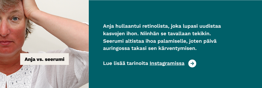 Anja käytti ihoseerumia ja iho paloi. Kuvalinkki instagram-tilille ohjeeton.