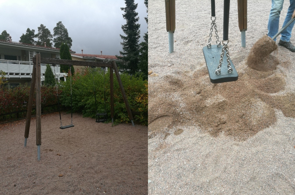 keinu ja keinun turvahiekka-alusta.