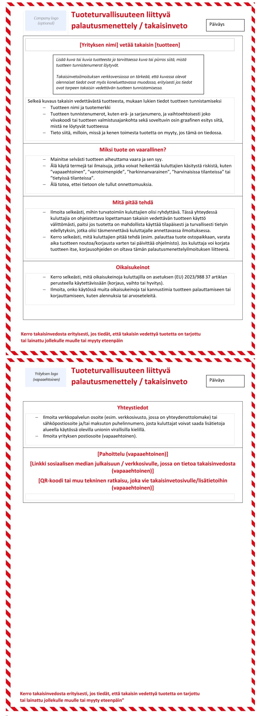 Malli palautusmenettelyilmoitukselle.