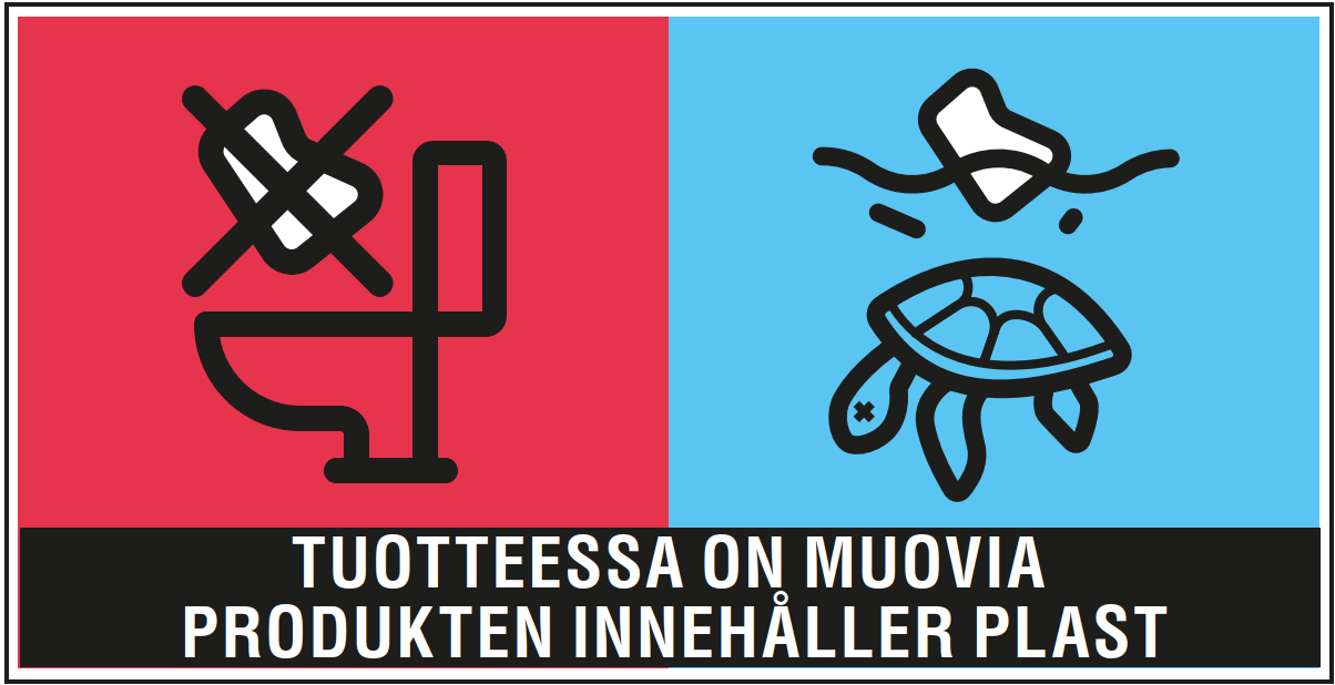 Symboli ja teksti "Tuotteessa on muovia, produkt innehåller plast".