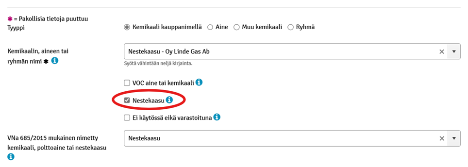 Kuvakaappaus KemiDigistä, nestekaasu-valinta tehtynä.
