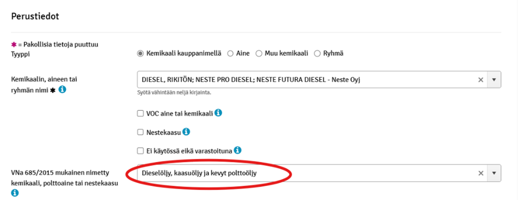 Kuvakaappaus KemiDigistä, nimetty kemikaali -kohdan valikko.