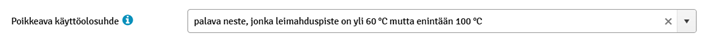 Kuvakaappaus KemiDigistä, valinta palava neste, jonka leimahduspiste on yli 60 mutta alla 100 astetta celciusta.