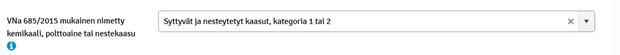 Kuvakaappaus KemDigistä, valinta Syttyvät ja nesteytetyt kaasut, kategoria 1 tai 2.