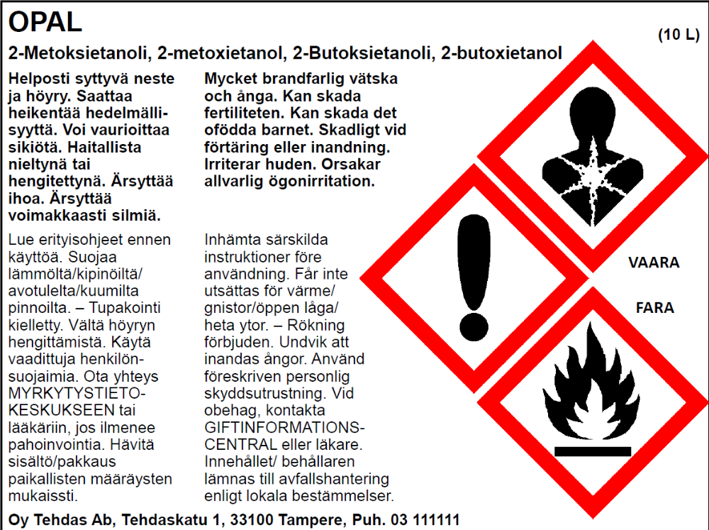 På etiketten finns produktnamn, information, faropiktogram och anvisningar.