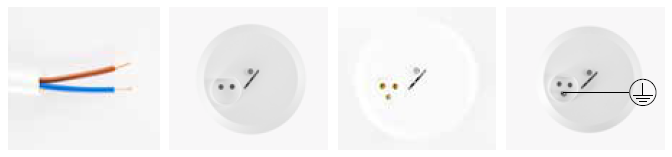 Kuvassa vasemmalla kaksi johdinta: ruskea ja sininen. Toinen kuva vasemmalta: 0-luokan valaisinpistorasia. Kolmas kuva vasemmalta: Kruunukytkentäinen valaisinpistorasia. Kuva oikealla: Suojamaadoitettu valaisinpistorasia.