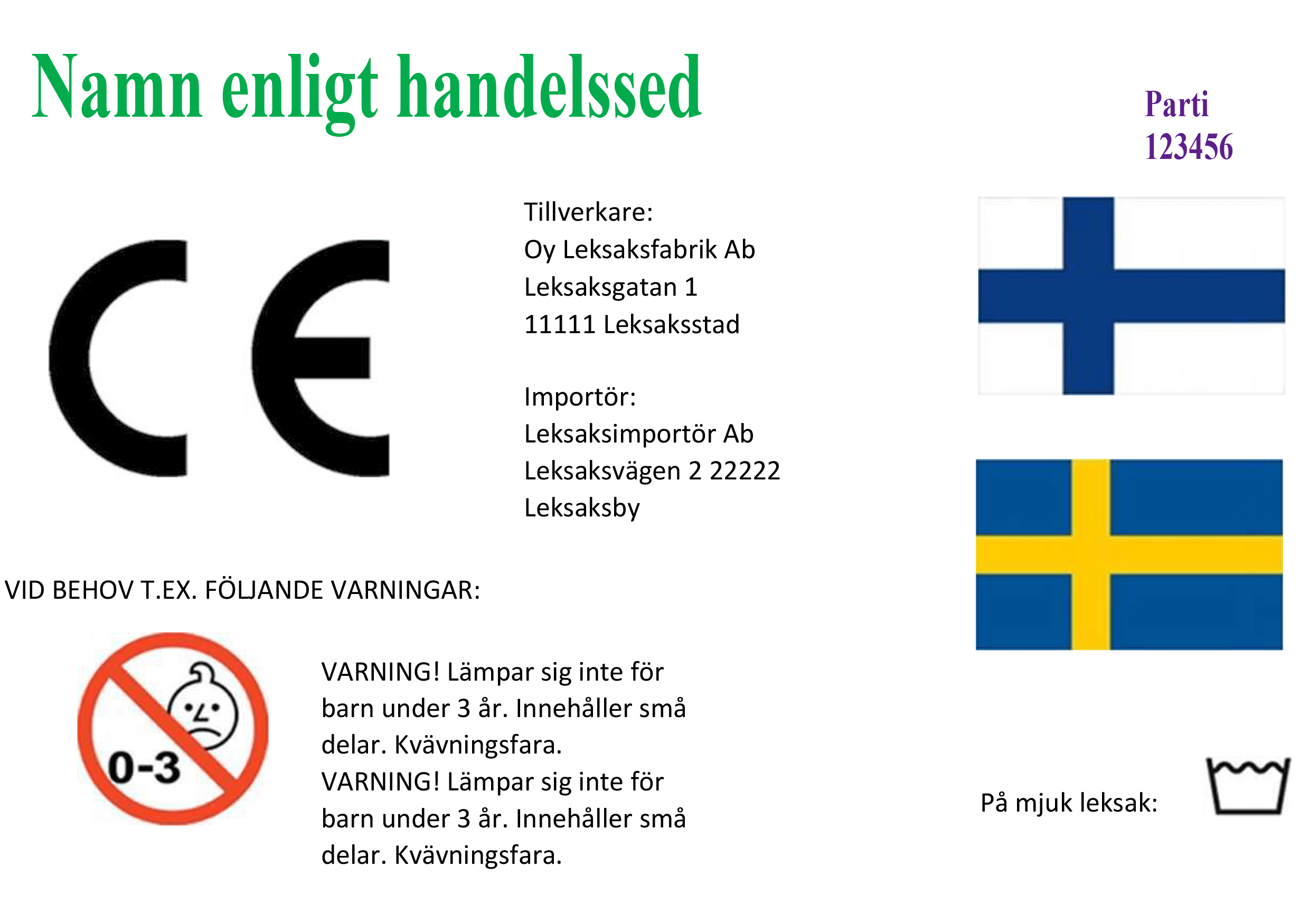 Kuva: Esimerkkejä lelujen merkinnöistä Exempelbild av märkningar på leksaker, förklaringar till märkningarna finns ovan bilden