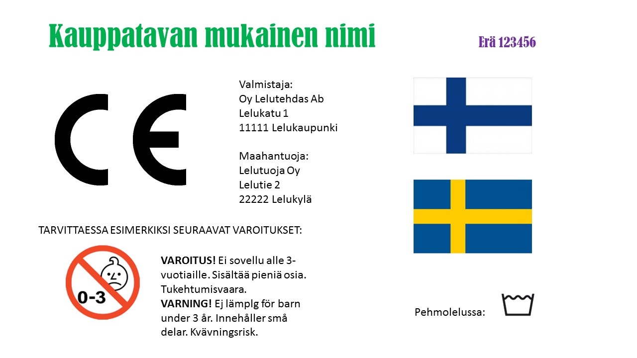 Esimerkkejä lelujen merkinnöistä: CE-merkintä, valmistajan ja maahantuojan nimi ja osoite, eränumero, varoitukset tarvittaessa, pehmolelussa pesuohje