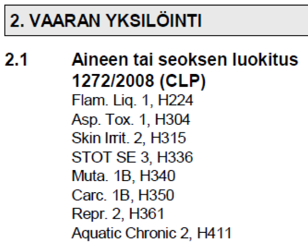 En bild från det ställe i säkerhetsbladet där kemikaliens farliga egenskaper framkommer.