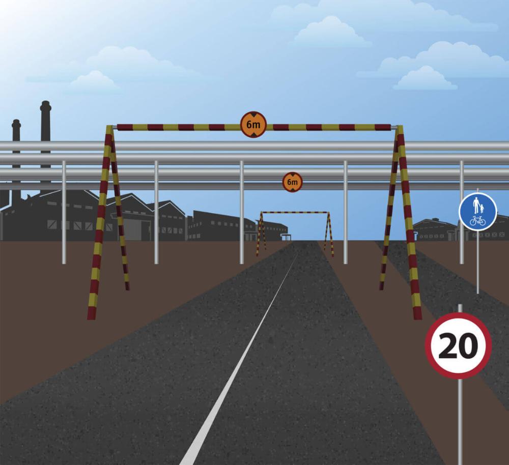 Tie kulkee putkisillan ali. Merkinnät 6 metrin alituskorkeudesta ja 20 km/h nopeusrajoituksesta tiellä.