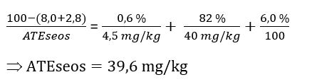 100 - (8,0 + 2,8) jakomerkki seoksen välittömän myrkyllisyyden estimaatti on yhtä suuri kuin 0,6 % jakomerkki 4,5 mg/kg + 82 % jakomerkki 40 mg/kg + 6,0 % jakomerkki 100 nuoli seoksen välittömän myrkyllisyyden estimaatti on yhtä suuri kuin 39,6 mg/kg 