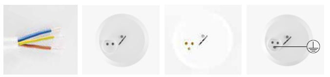 Kuvassa vasemmalla kolme johdinta: sininen, keltavihreä ja ruskea.  Toinen kuva vasemmalta: 0-luokan valaisinpistorasia. Kolmas kuva vasemmalta: Kruunukytkentäinen valaisinpistorasia. Kuva oikealla: Suojamaadoitettu valaisinpistorasia.     